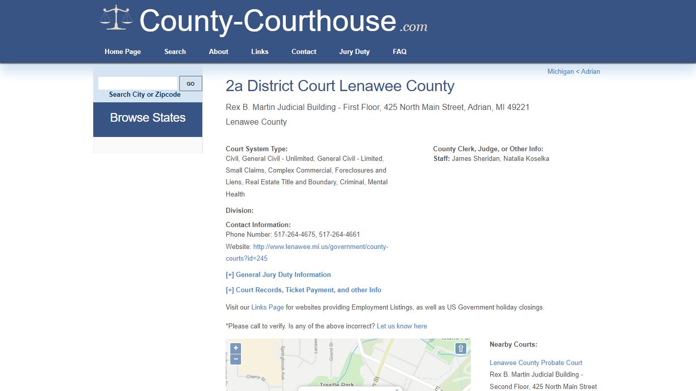 2a District Court Lenawee County in Adrian, MI - Court Information